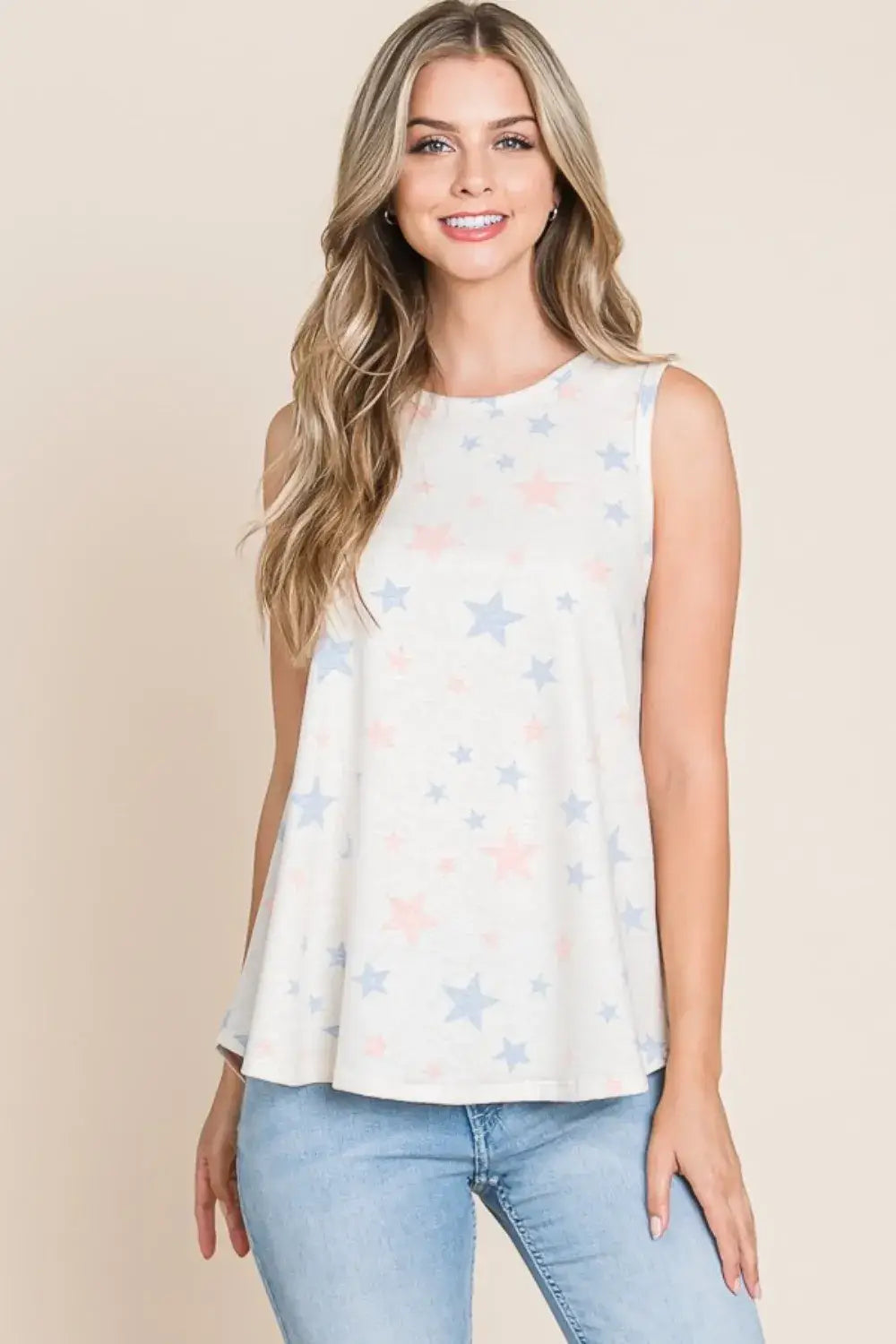 BOMBOM Star Print Round Neck Tank - Beige / S