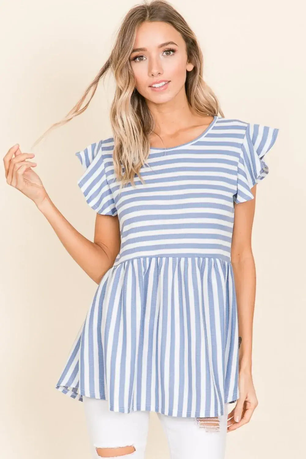 BOMBOM Striped Round Neck Blouse - Blue / S