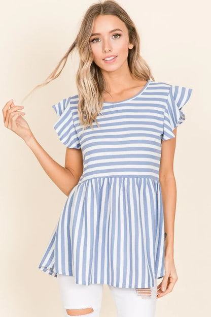 BOMBOM Striped Round Neck Blouse - Blue / S