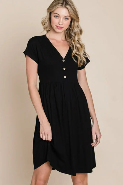 Black V-neck short sleeve dress with cap sleeves and flared skirt in soft rayon spandex