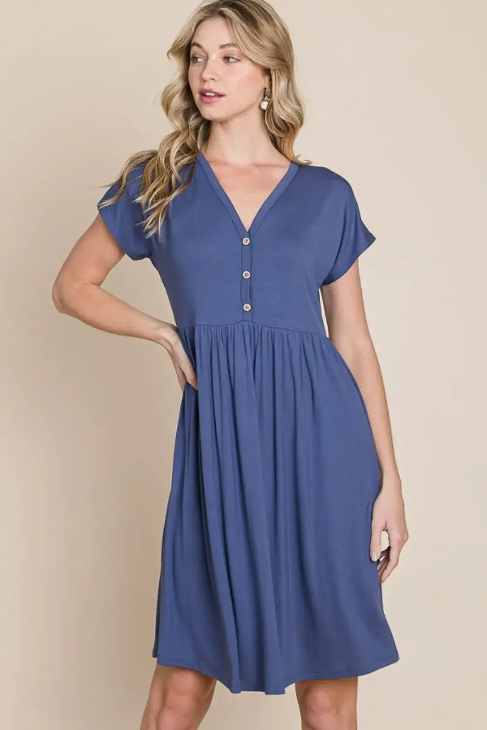 BOMBOM V-Neck Short Sleeve Dress - Blue / S