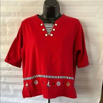 Bon Worth red nautical-themed short-sleeve top with striped collar and anchor print