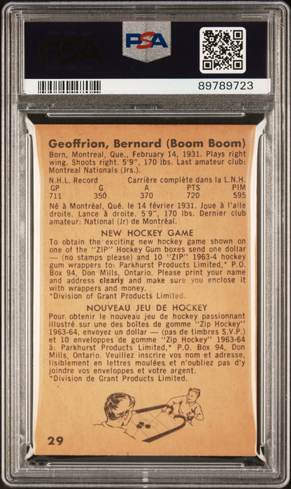 PSA-graded Boom Boom Geoffrion 1963 Parkhurst #29 card with biography and illustration