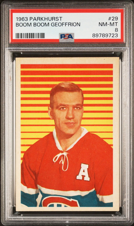 PSA-graded 1963 Parkhurst Boom Boom Geoffrion hockey card in Canadiens jersey