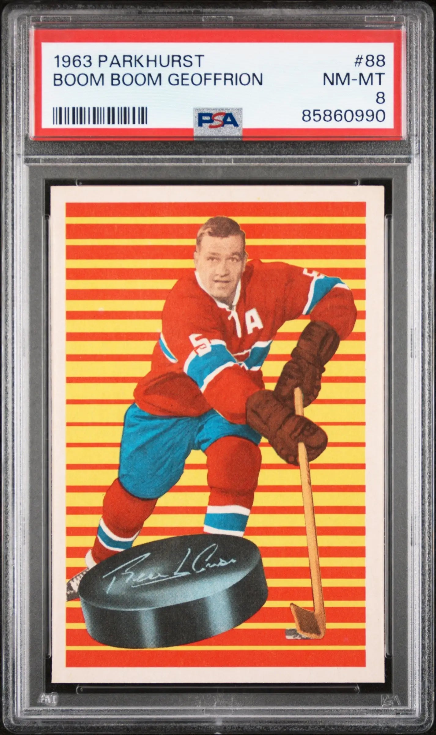 PSA-graded 1963 Parkhurst Boom Boom Geoffrion hockey card with orange backdrop