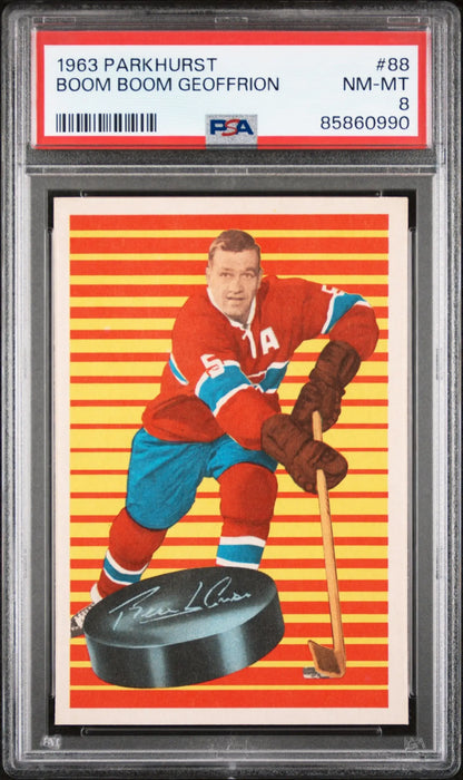 PSA-graded 1963 Parkhurst Boom Boom Geoffrion hockey card with orange backdrop