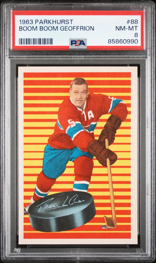 PSA-graded 1963 Parkhurst Boom Boom Geoffrion hockey card with orange backdrop