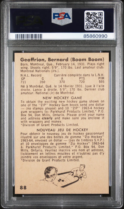 Vintage Boom Boom Geoffrion trading card in PSA holder, 1963 Parkhurst #88 PSA 8 Nm-Mint