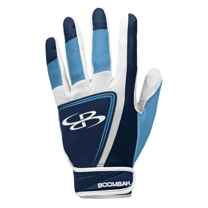 Blue light blue and white youth batting gloves for baseball from Boombah Momentum