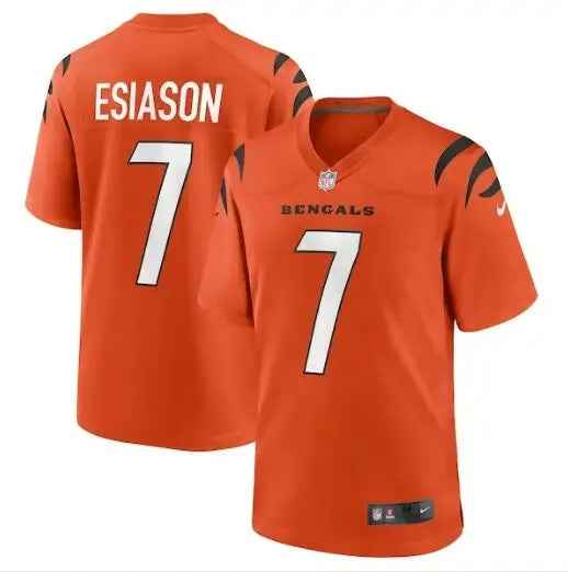 Orange Cincinnati Bengals Boomer Esiason #7 football jersey displayed for sale