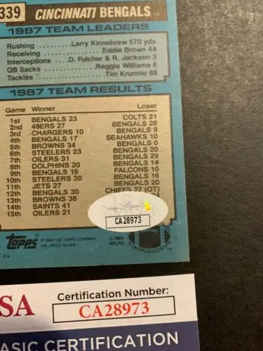 Cincinnati Bengals 1987 team card featuring Boomer Esiason in trading card product
