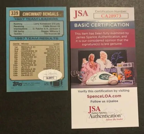 Signed Boomer Esiason Cincinnati Bengals trading card with JSA authentication