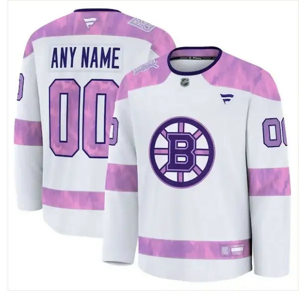 White and pink Boston Bruins Hockey Fights Cancer custom practice jersey
