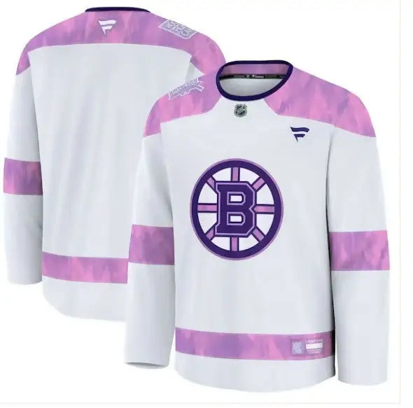 White and purple Boston Bruins hockey jersey from the 2024 Hockey Fights Cancer Practice collection