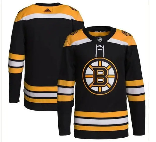 Black and gold Boston Bruins hockey jersey displayed in Boston Bruins adidas Home Primegreen Authentic Jersey style