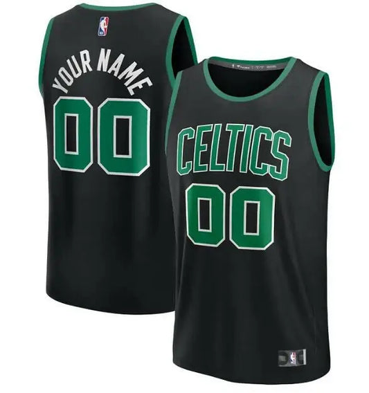 Black Boston Celtics Fast Break Custom Jerseys with green and white lettering