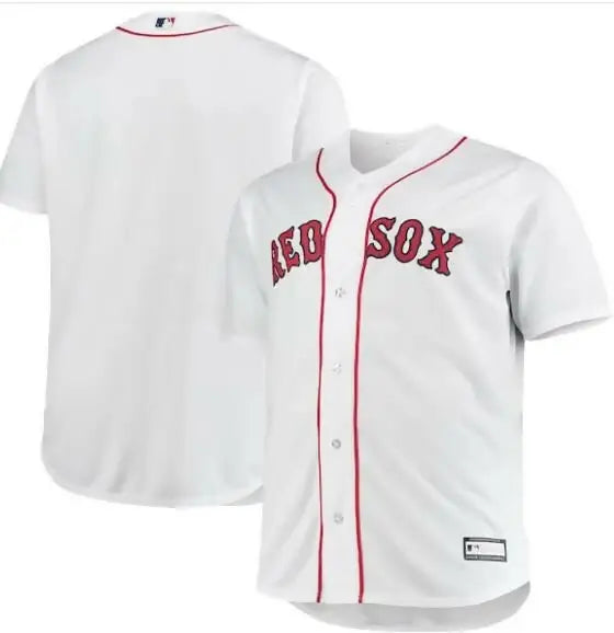 White Boston Red Sox big and tall home replica team baseball jersey on display