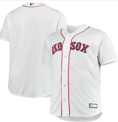 White Boston Red Sox big and tall home replica team baseball jersey on display