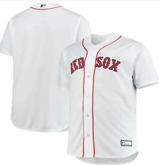 White Boston Red Sox big and tall home replica team baseball jersey on display