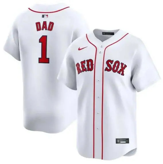 White Red Sox baseball jersey displayed in the Boston Red Sox Nike #1 Dad Home Limited Jersey