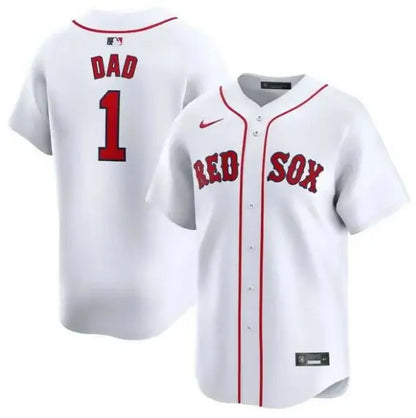 White Red Sox baseball jersey displayed in the Boston Red Sox Nike #1 Dad Home Limited Jersey