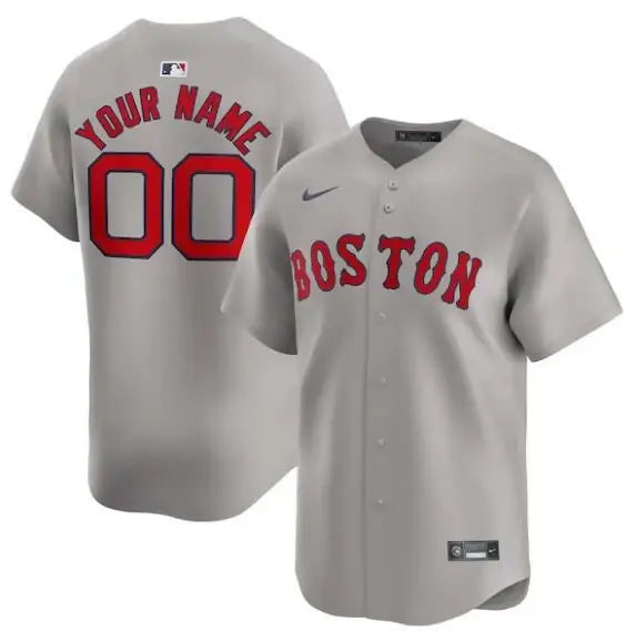 Gray Boston Red Sox Nike Away Limited Custom Baseball Jersey on display