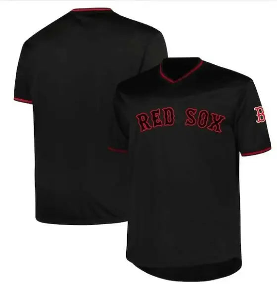 Black Boston Red Sox baseball jersey displayed in product image