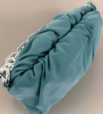 Teal ruched leather chain pouch bag by Bottega Veneta with chunky silver chain strap
