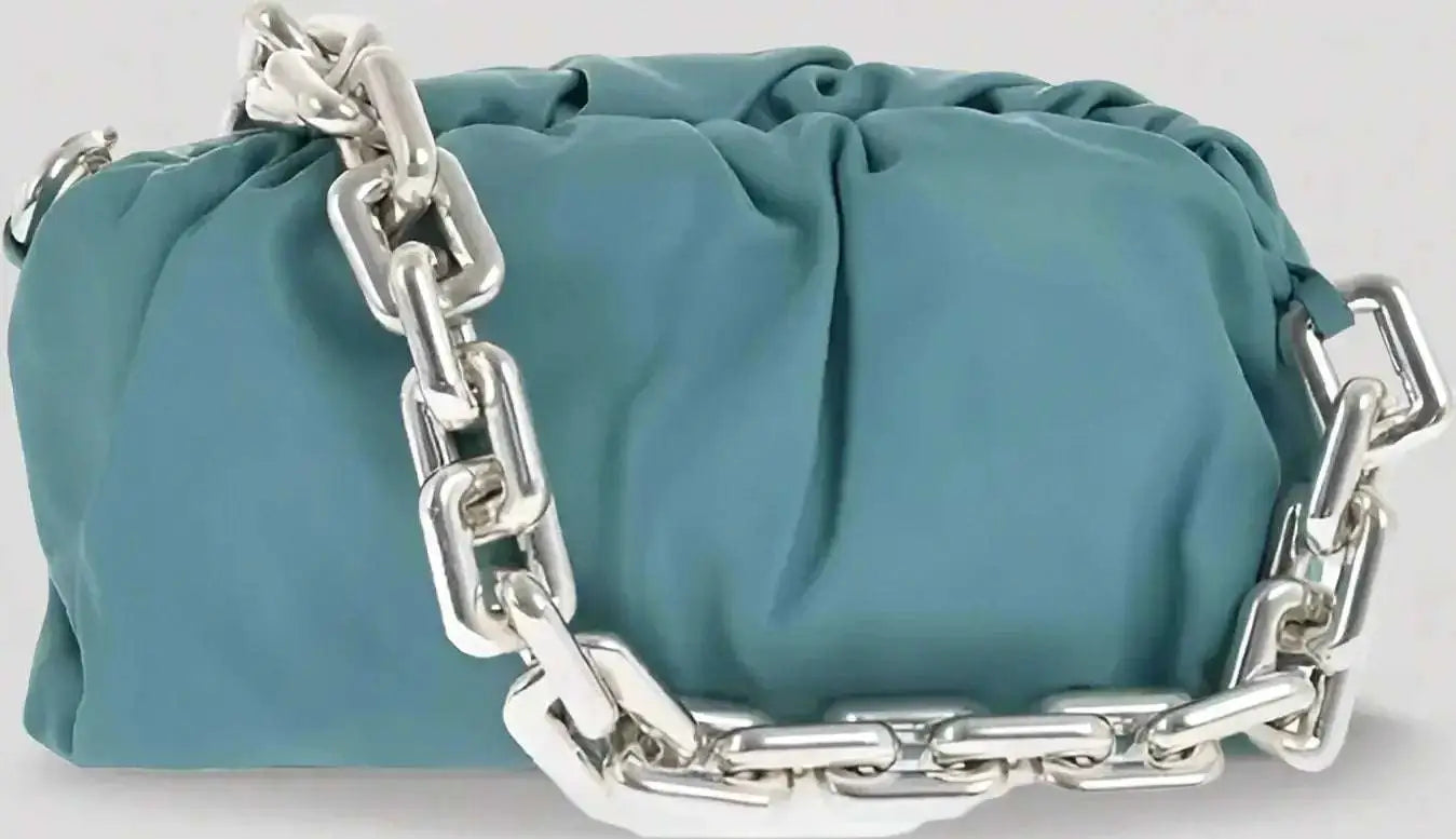 Teal green Bottega Veneta chain pouch bag with silver chain handle and magnetic closure