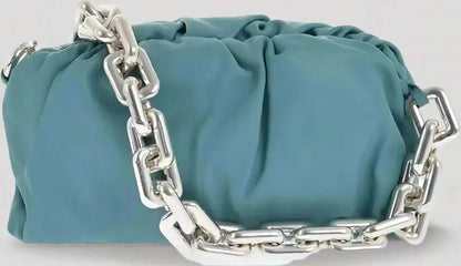 Teal green Bottega Veneta chain pouch bag with silver chain handle and magnetic closure