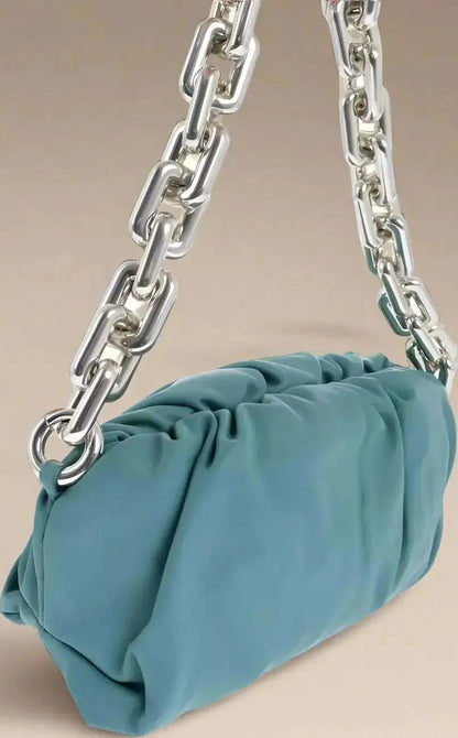 Teal ruched chain pouch bag by Bottega Veneta with silver chain strap
