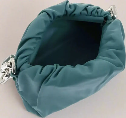 Teal Bottega Veneta chain pouch bag with silver chain handle and magnetic closure