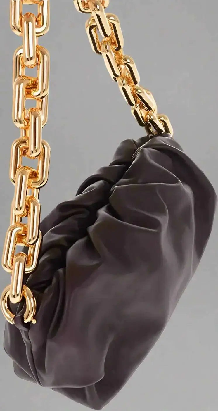 Dark brown leather chain pouch bag with chunky gold chain strap, Bottega Veneta burgundy style