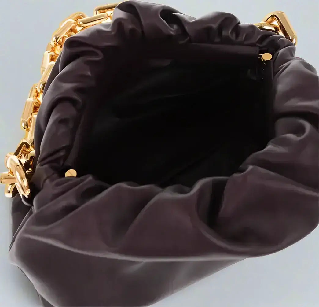 Dark brown leather chain pouch bag with gold chain strap from Bottega Veneta burgundy collection