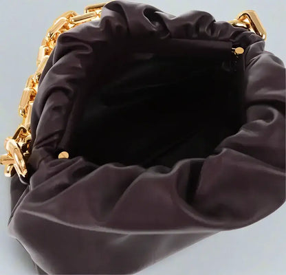 Dark brown leather chain pouch bag with gold chain strap from Bottega Veneta burgundy collection