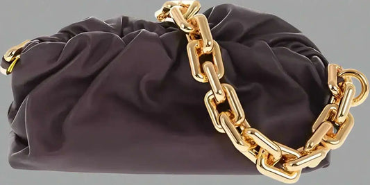 Dark brown leather chain pouch bag with gold handle, Bottega Veneta burgundy leather style