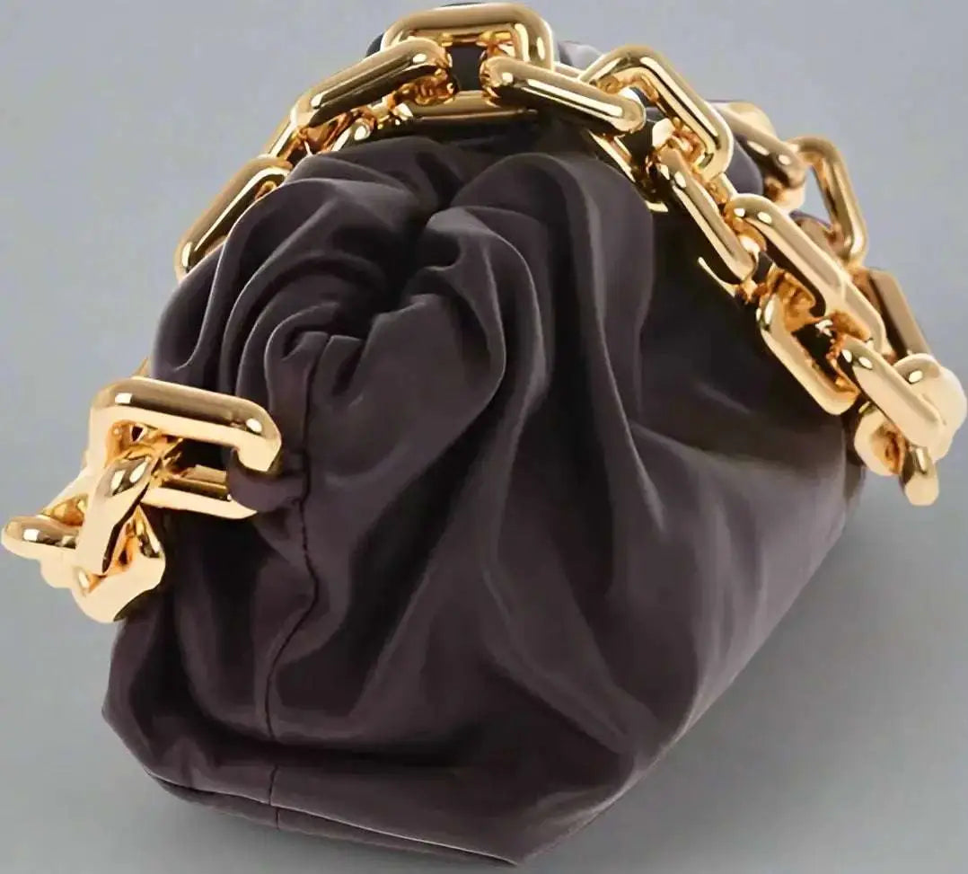 Dark brown ruched leather chain pouch bag with gold chain strap from Bottega Veneta burgundy collection