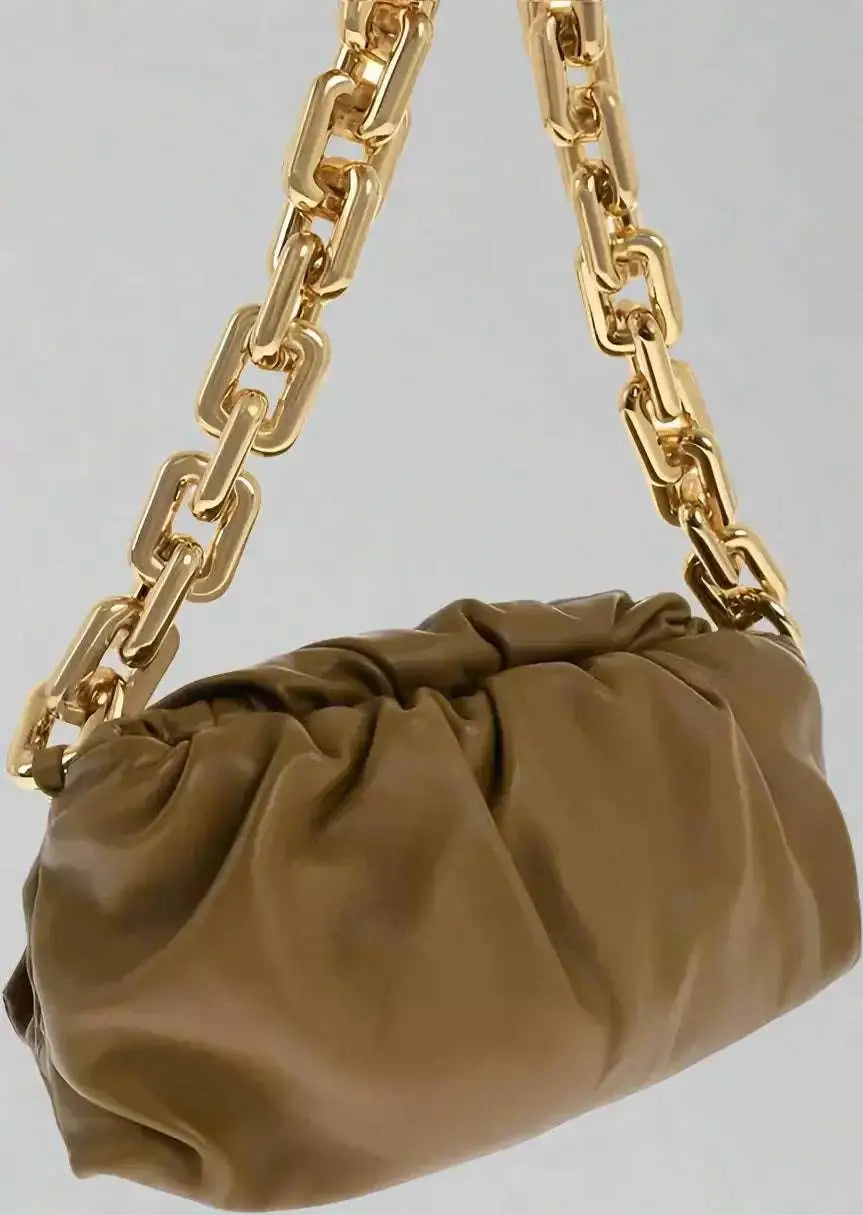 Dark brown leather Bottega Veneta Chain Pouch bag with gold chain strap and magnetic closure