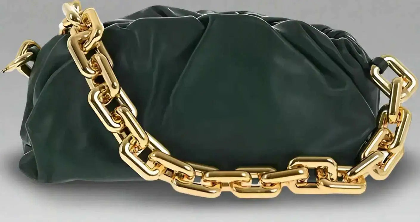 Dark green leather clutch bag with chunky gold chain strap and magnetic closure