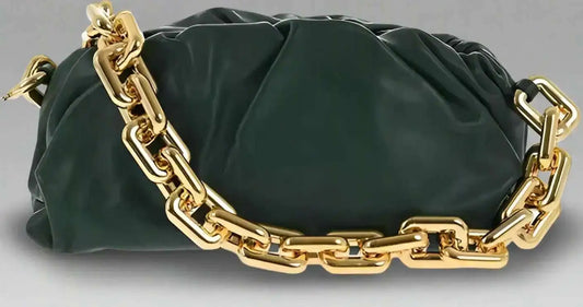 Dark green leather clutch bag with chunky gold chain strap and magnetic closure