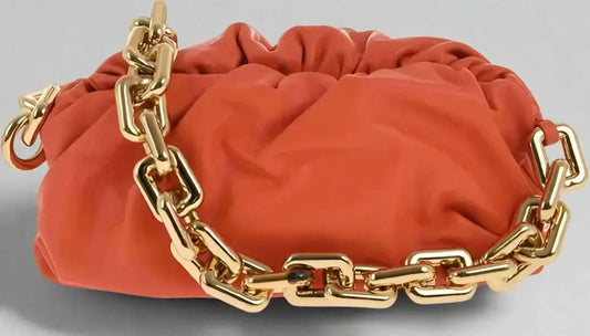 Orange ruched leather Bottega Veneta chain pouch bag with gold chain strap