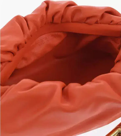 Orange Bottega Veneta chain pouch bag with roomy interior and magnetic closure