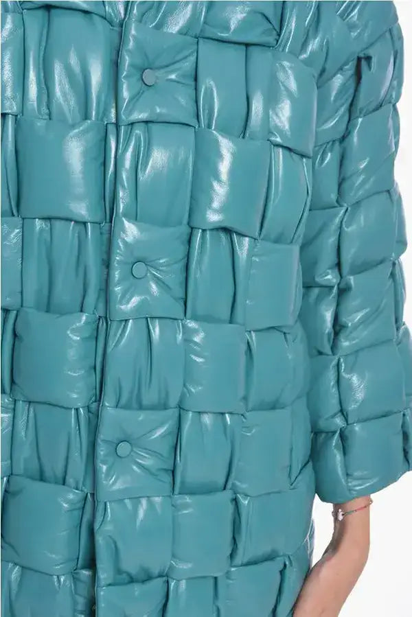Light blue quilted intreccio leather coat with woven-like squares and buttons