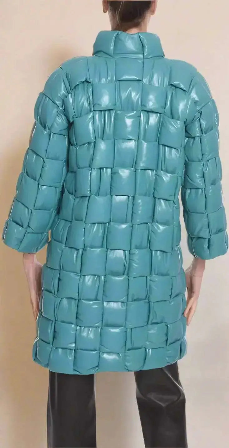 Light blue quilted intreccio leather coat from BOTTEGA VENETA with teal woven puffer design