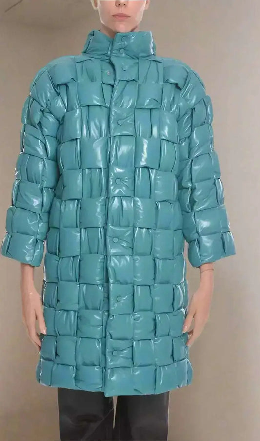 Light blue quilted intreccio leather coat with teal woven puffer design by BOTTEGA VENETA