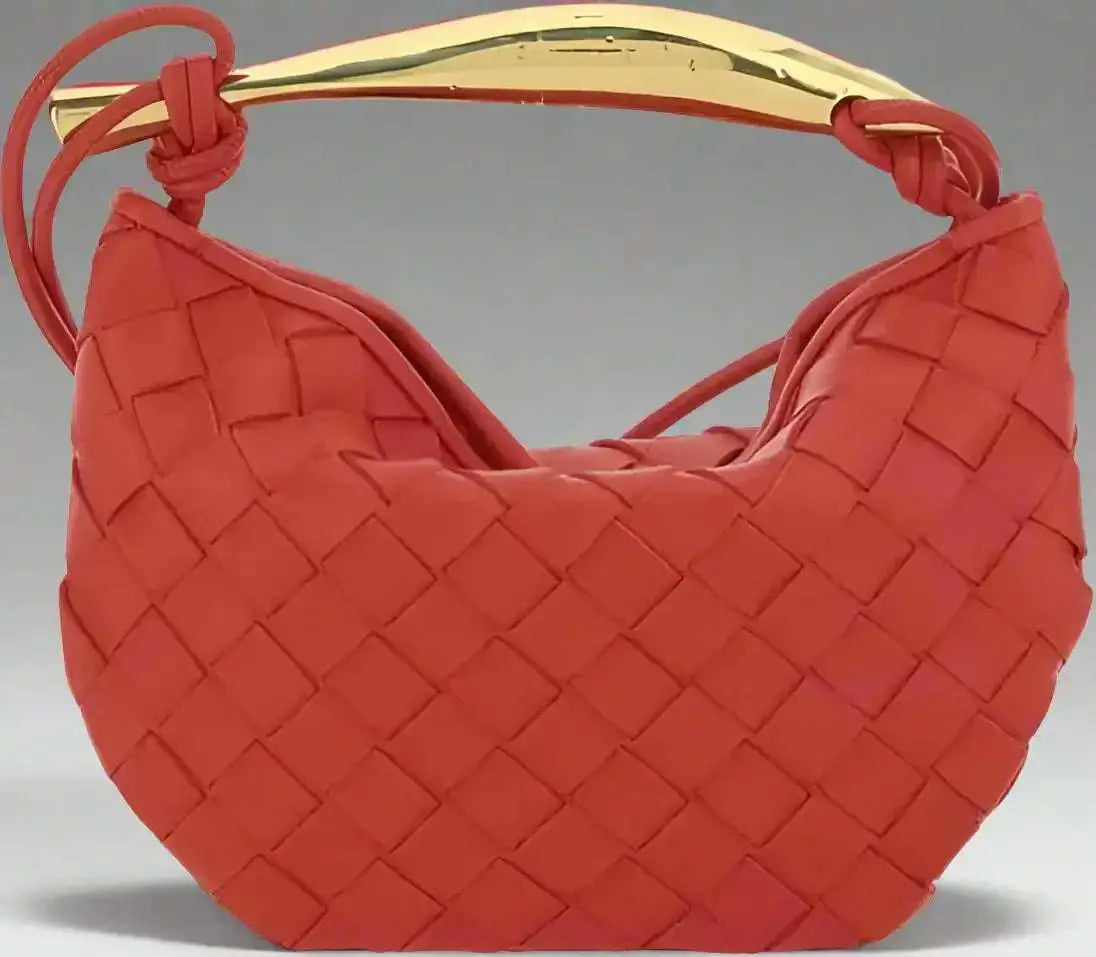 Bottega Veneta Muse Bag with vibrant red woven leather and curved brass handle