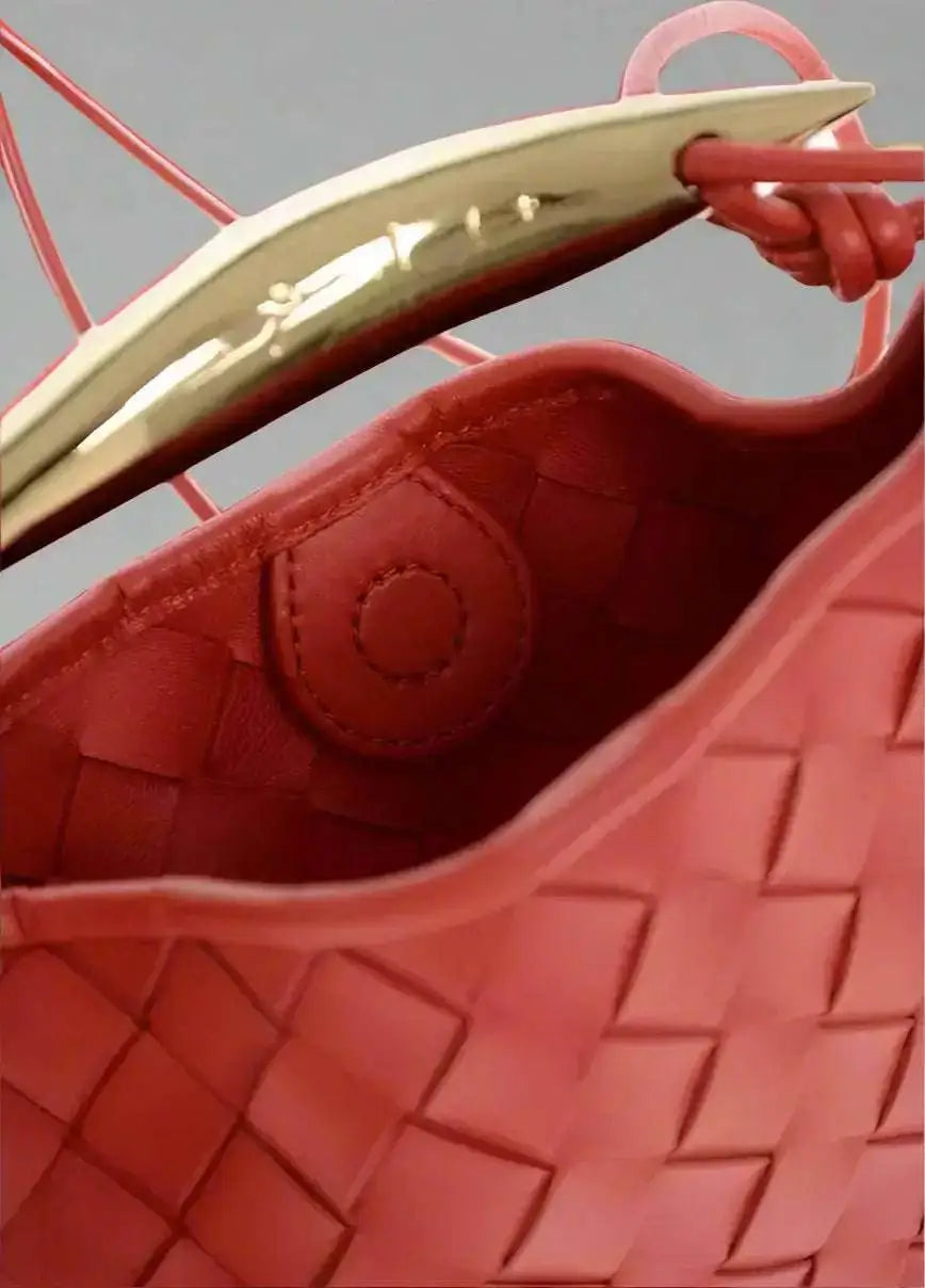 Bottega Veneta Muse Bag with coral-red woven leather and gold-tone brass handle