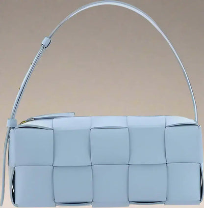 Light blue woven leather shoulder bag from BOTTEGA VENETA Women’s Small Brick Cassette collection
