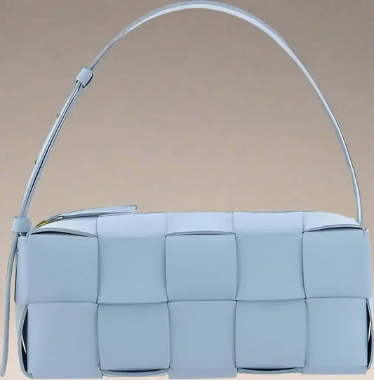 Light blue woven leather shoulder bag from BOTTEGA VENETA Women’s Small Brick Cassette collection
