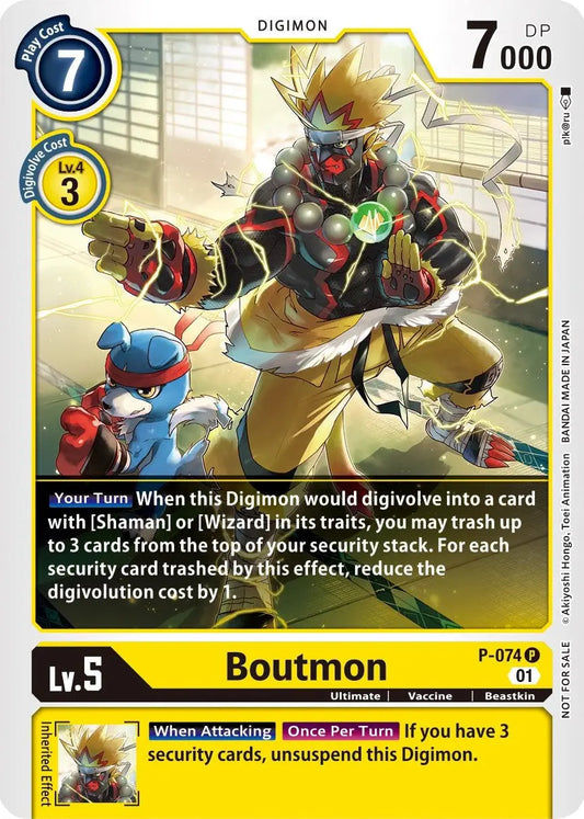 Boutmon Digimon card from Update Pack featuring promotional cards and digivolve cost details